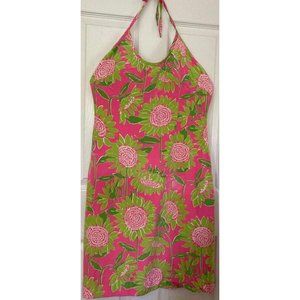 Lilly Pulitzer Pink Green Floral Silk Halterneck Sleeveless Sundress 8